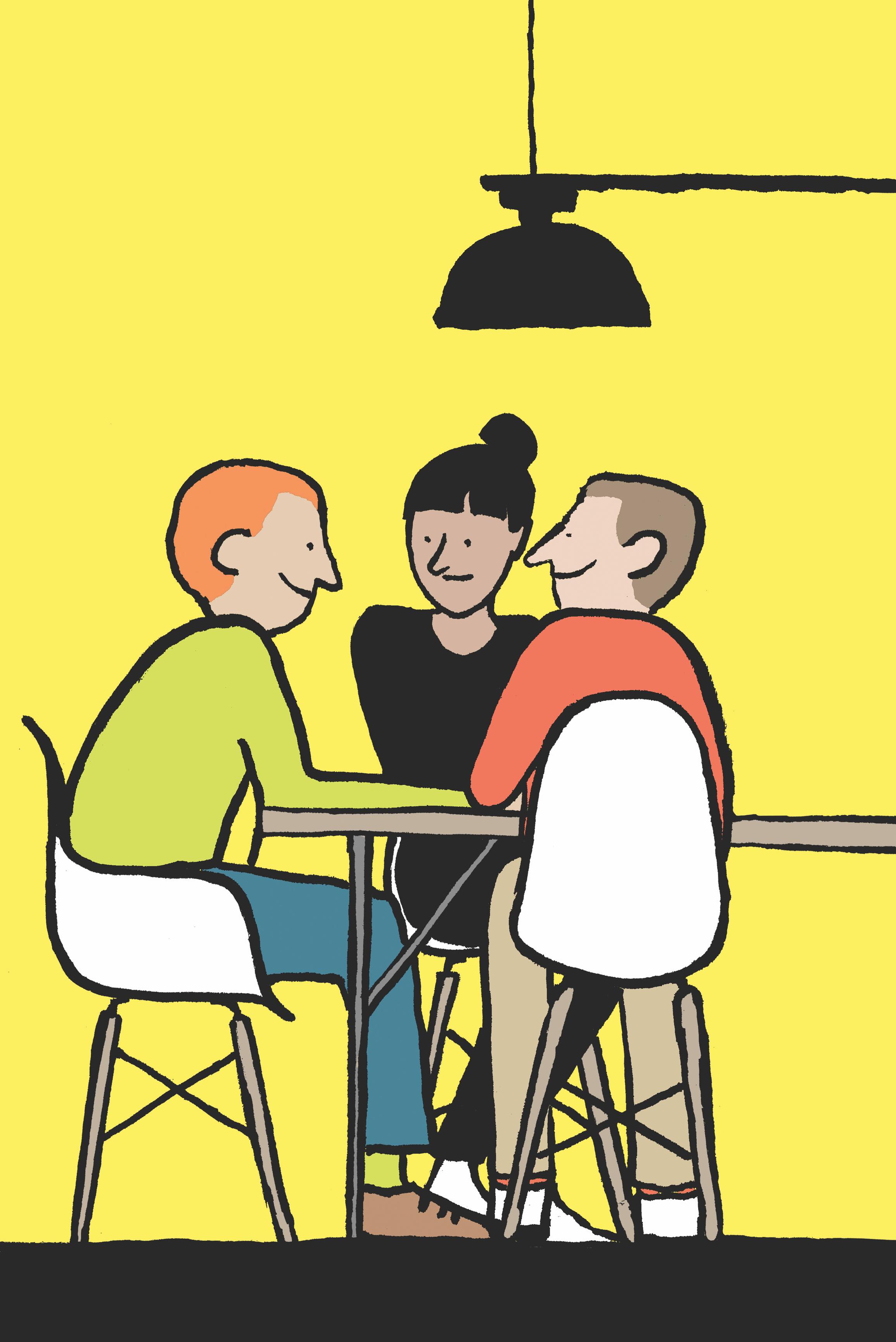 Une caricature de deux hommes et une femme assise à une table.