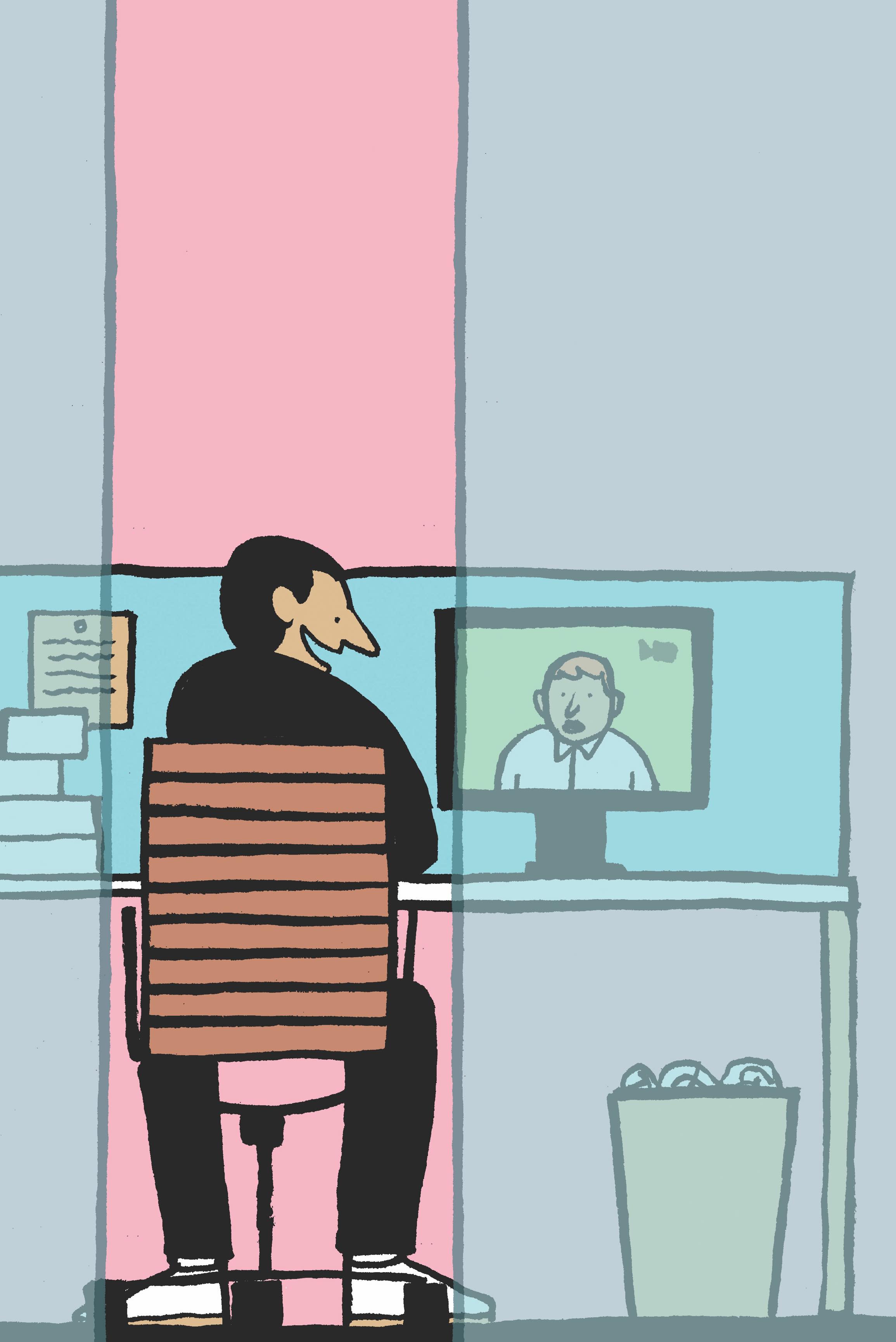 Un dessin animé d'un homme interagissant avec un collègue dont le visage apparaît sur son écran d'ordinateur.