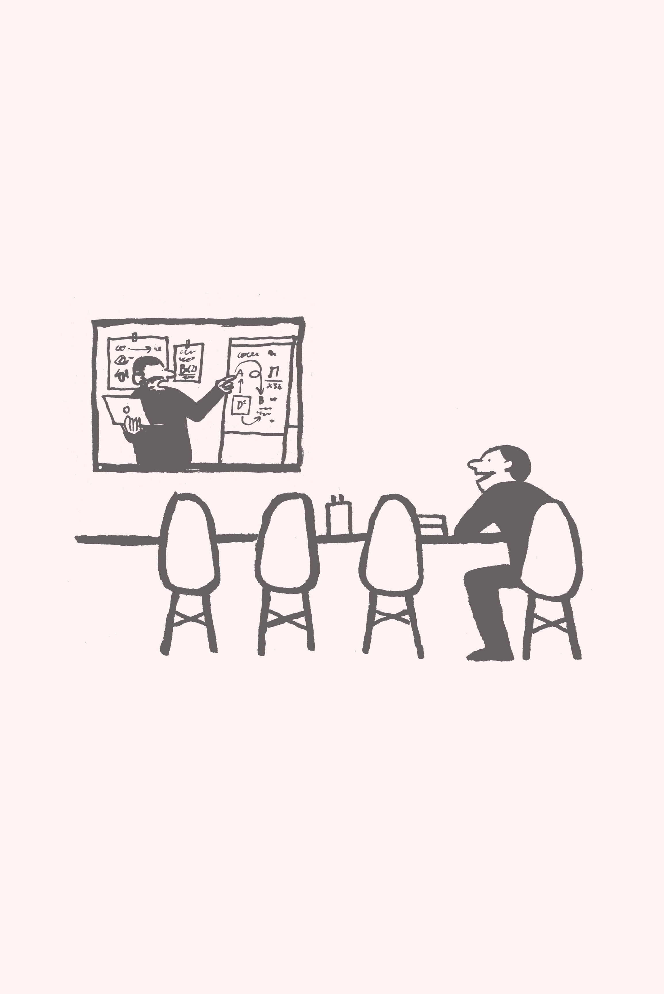 Une caricature d'un homme participant à une vidéoconférence alors qu'il était assis à une table dans une salle de réunion.