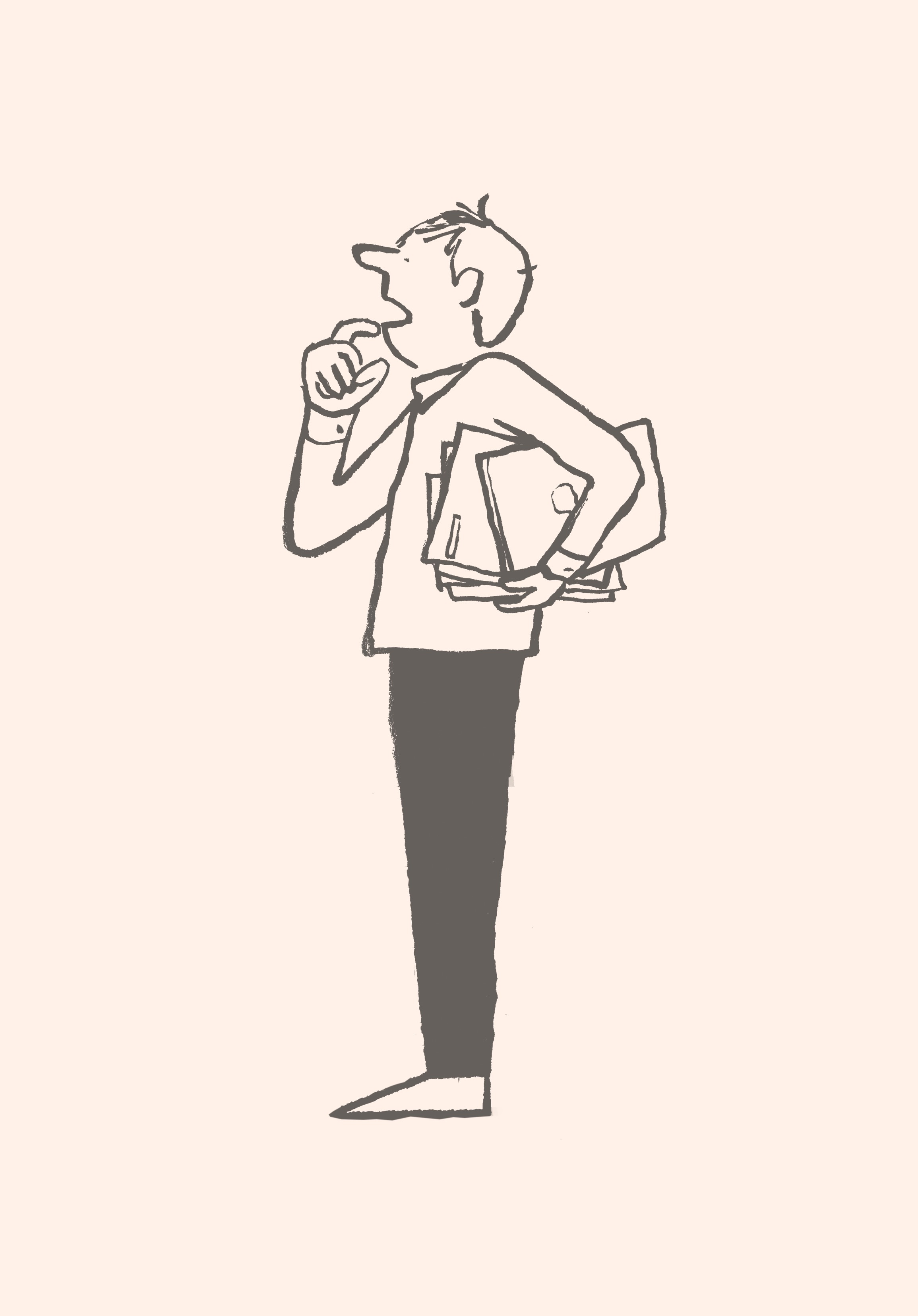 Un dessin animé d'un homme tenant des documents de réunion et l'air perplexe.