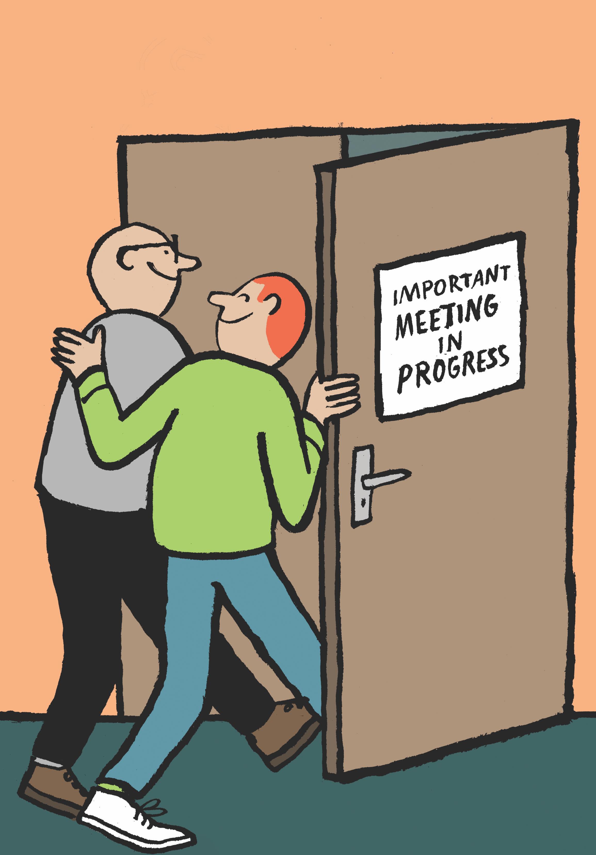Une caricature de deux hommes entrant dans une salle de réunion.