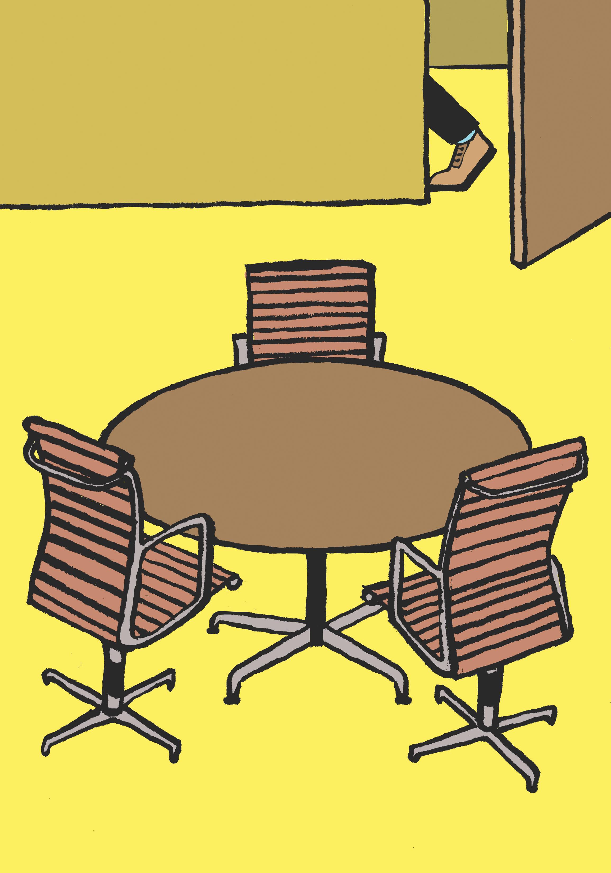 Une caricature de trois chaises situées autour d'une table ronde dans un espace de réunion autrement vide.