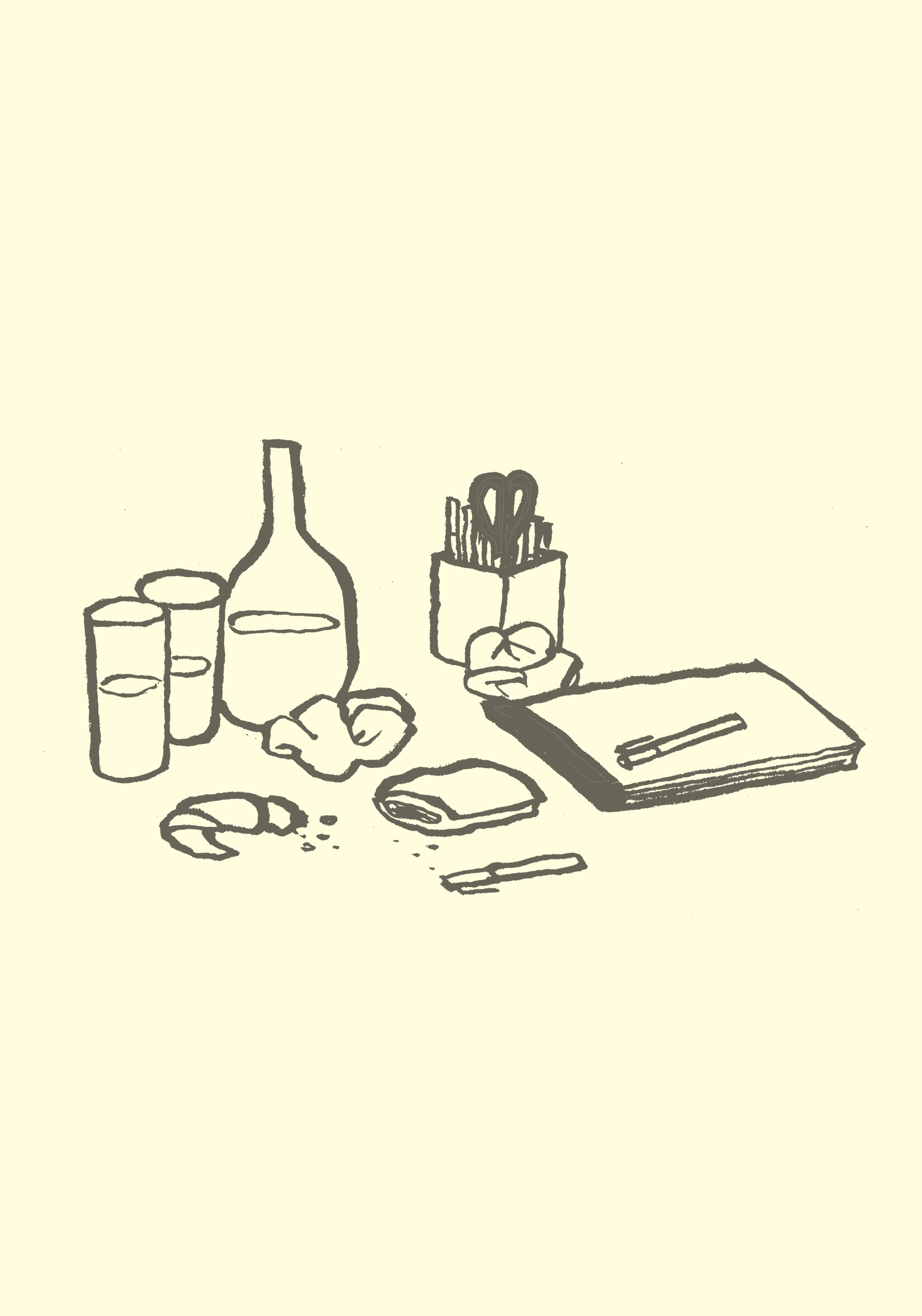 Un dessin animé montrant les restes d'une réunion, y compris des collations, des stylos, des blocs-notes et des verres à boissons.